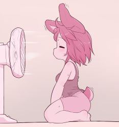 Rule 34 | 1girl, = =, animal ears, blush, breasts, camisole, commentary, electric fan, english commentary, closed eyes, from side, highres, hot, kionant, medium hair, original, pink camisole, pink hair, pink shorts, profile, rabbit ears, rabbit tail, seiza, shorts, sitting, small breasts, solo, sweat, tail