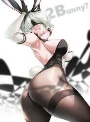 Rule 34 | 1girl, animal ears, armpits, ass, back, bare shoulders, black blindfold, blindfold, blurry, blurry background, breasts, elbow gloves, gloves, hatori mia, highres, large breasts, leotard, mole, mole under mouth, nier:automata, nier (series), pantyhose, playboy bunny, rabbit ears, rabbit pose, sideboob, solo, thick thighs, thighband pantyhose, thighs, white background, white hair, 2b (nier:automata)