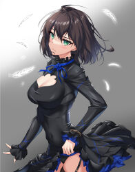 Rule 34 | 1girl, absurdres, black dress, black panties, black sleeves, black thighhighs, blue ribbon, breasts, cleavage, cleavage cutout, closed eyes, clothing cutout, counter:side, covered navel, cowboy shot, dot nose, dress, elizabeth pendragon, elze (s01047480836), expressionless, feathers, garter straps, gradient background, green eyes, hair between eyes, highres, korean commentary, large breasts, lifting own clothes, medium hair, panties, pantyshot, ribbon, simple background, solo, thighhighs, underwear, v-shaped eyebrows
