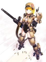 Rule 34 | 1girl, ;), armor, armored boots, black gloves, black leotard, black thighhighs, blonde hair, blunt bangs, boots, breastplate, breasts, cartridge case, choker, cleavage, cleavage cutout, clothing cutout, collarbone, covered navel, elbow pads, eyebrows, from above, full body, gloves, greaves, gun, half gloves, hand up, hat, heavy machine gun, holding, holding gun, holding weapon, kfr, leg armor, leotard, long hair, looking at viewer, machine gun, mecha musume, medium breasts, one eye closed, original, ponytail, purple eyes, short sleeves, shoulder armor, sidelocks, skin tight, smile, solo, standing, thigh strap, thighhighs, vambraces, weapon, white background