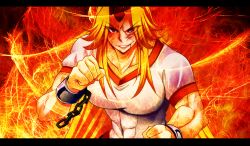 Rule 34 | 1girl, abs, blonde hair, border, breasts, bruise, clenched hands, cuffs, female focus, fighting stance, fire, gradient background, grin, highres, horns, hoshiguma yuugi, injury, large breasts, long hair, muscular, muscular female, red eyes, shackles, shirt, single horn, smile, solo, t-shirt, touhou, yagami (mukage)