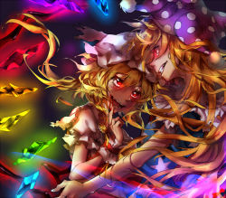 Rule 34 | 2girls, :d, american flag dress, american flag shirt, bad id, bad pixiv id, blonde hair, blush, clenched teeth, clownpiece, commentary request, crystal, eye contact, eyebrows, eyelashes, fang, finger to mouth, flandre scarlet, frilled sleeves, frills, glowing, glowing eyes, hair between eyes, hat, jester cap, long hair, looking at another, messy hair, mob cap, multiple girls, neck ruff, one side up, open mouth, polka dot, pom pom (clothes), puffy short sleeves, puffy sleeves, shirt, short sleeves, smile, star (symbol), star print, teeth, touhou, upper body, white hat, white shirt, wings, wrist cuffs, yudaoshan