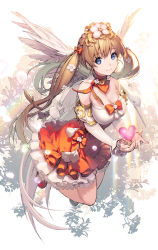 Rule 34 | 1girl, bare shoulders, bird, blue eyes, bow, braid, breasts, brown hair, capelet, chunhyang, cleavage, detached collar, detached sleeves, flower, french braid, frilled skirt, frills, from side, full body, hair bow, hair flower, hair ornament, heart, kaku-san-sei million arthur, kkuem, korean text, lace, large breasts, legs up, light smile, long hair, looking at viewer, million arthur (series), official art, original, otomegata lan fan, petticoat, puffy sleeves, rainbow, shoes, skirt, smile, solo, twintails, very long hair, wings
