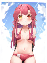 Rule 34 | 1girl, absurdres, aged down, bikini, blush, breasts, hair ribbon, heterochromia, highres, hololive, houshou marine, houshou marine (summer), large breasts, long hair, looking at viewer, open mouth, pepushi drow, red eyes, red hair, ribbon, smile, solo, swimsuit, virtual youtuber, yellow eyes