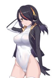 Rule 34 | 10s, 1girl, bad id, bad pixiv id, black hair, blush, breasts, brown eyes, cameltoe, cnm, covered navel, emperor penguin (kemono friends), covered erect nipples, groin, hair over one eye, headphones, highleg, highleg leotard, highres, jacket, kemono friends, large breasts, leotard, long hair, looking at viewer, multicolored hair, open clothes, open jacket, open mouth, simple background, solo, thighs, two-tone hair, white background