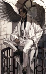 Rule 34 | 1boy, angel, angel wings, ankle boots, arch, balcony, black footwear, black hair, black shirt, boots, cigar, coat, collared shirt, crack, cracked glass, cross-laced footwear, dark-skinned male, dark skin, day, earrings, feet out of frame, formal, grin, hair over one eye, hair strand, hand in pocket, highres, holding, jacket, jewelry, knee up, komiya kuniharu, long sleeves, looking at viewer, male focus, mole, mole under mouth, mouth hold, necktie, on railing, original, pants, railing, shade, shirt, sitting, smile, smoke, smoking, solo, stud earrings, suit, teeth hold, untied, white coat, white jacket, white necktie, white pants, white wings, wings, yellow eyes