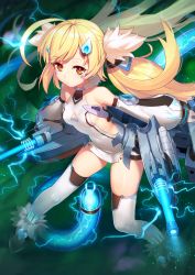 Rule 34 | 1girl, ahoge, ankle boots, azur lane, bare shoulders, black footwear, blush, boots, breasts, cannon, character name, closed mouth, clothes writing, clothing cutout, collarbone, covered navel, detached sleeves, dual wielding, eldridge (azur lane), electricity, facial mark, full body, fur-trimmed boots, fur collar, fur trim, glowing, hair ornament, hairclip, highres, holding, holding weapon, iltusa, leaning forward, legs apart, light particles, long hair, long sleeves, looking at viewer, machinery, puffy long sleeves, puffy sleeves, shiny skin, side cutout, small breasts, solo, standing, swept bangs, tareme, tentacles, thighhighs, thighs, twintails, very long hair, weapon, white thighhighs