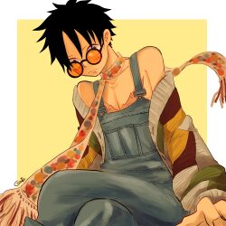 Rule 34 | 1boy, black-framed eyewear, black eyes, black hair, blue overalls, closed mouth, cowboy shot, facial scar, highres, looking at viewer, male focus, marimo66, monkey d. luffy, multicolored cardigan, multicolored clothes, multicolored scarf, one piece, orange-tinted eyewear, overalls, pectoral cleavage, pectorals, round eyewear, scar, scar on cheek, scar on chest, scar on face, scarf, short hair, simple background, solo, sunglasses, tinted eyewear, toned, toned male, yellow background