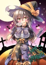 Rule 34 | 1girl, :q, asymmetrical legwear, bad id, bad pixiv id, bat (animal), black hair, blush, breasts, candy, capelet, choker, cleavage, commentary request, food, halloween, hat, highres, holding, jack-o&#039;-lantern, lollipop, long hair, looking at viewer, medium breasts, mismatched legwear, original, pumpkin, sitting, smile, solo, thighhighs, tongue, tongue out, witch hat, yellow eyes, yuihira asu, zettai ryouiki