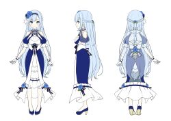 Rule 34 | 1girl, :3, absurdres, arms at sides, asymmetrical bangs, back bow, blue bow, blue bowtie, blue dress, blue flower, blue footwear, blue gemstone, blue hair, blue hairband, blue rose, blush, bow, bowtie, braid, breasts, character sheet, choppy bangs, cleavage, cleavage cutout, clothing cutout, criss-cross halter, dress, dress flower, flower, french braid, full body, gem, gloves, green eyes, haconect, hair flower, hair ornament, hairband, half updo, halterneck, high heels, highres, hobble dress, large breasts, long hair, multiple views, official art, puffy short sleeves, puffy sleeves, rose, sakura moyon, short sleeves, shoulder cutout, sidelocks, simple background, solo, sophie rose, standing, straight-on, striped, striped bow, turnaround, two-tone dress, underbust, very long hair, virtual youtuber, white background, white dress, white gloves