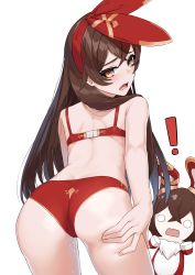 Rule 34 | !, 1girl, absurdres, amber (genshin impact), ass, back, baron bunny (genshin impact), blush, bra, brown eyes, brown hair, cowboy shot, genshin impact, hair between eyes, highres, long hair, looking at viewer, open mouth, panties, print panties, ravenpulse, simple background, solo, standing, tongue, underwear, white background