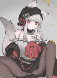 Rule 34 | 1girl, absurdres, animal ear fluff, animal ears, arknights, bare shoulders, beanie, black hat, black skirt, brown pantyhose, closed mouth, commentary request, ears through headwear, feet out of frame, frostleaf (arknights), grey background, grey hair, grey shirt, hat, headphones, highres, jacket, knee up, long hair, long sleeves, looking at viewer, nyo (fy 1), off-shoulder shirt, off shoulder, open clothes, open jacket, pantyhose, red eyes, red jacket, shirt, sitting, skirt, sleeves past fingers, sleeves past wrists, solo, spread legs, sweat, tail, thighband pantyhose