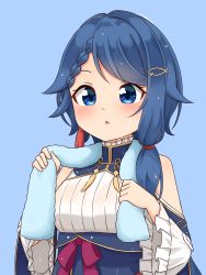 Rule 34 | 1girl, absurdres, bare shoulders, blue background, blue eyes, blue hair, braid, clothing cutout, commentary, frilled sleeves, frills, hair ornament, hairclip, highres, long hair, looking at viewer, open mouth, project gen2, shiraha maru, shoulder cutout, side braid, simple background, solo, towel, towel around neck, tsubasa aiba, upper body, virtual youtuber, wet, wet hair, wide sleeves