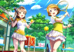 Rule 34 | 2girls, :o, artist request, bag, ball, bench, blue sky, blunt bangs, bracelet, breasts, brown eyes, brown hair, chain-link fence, cloud, day, fence, hairband, holding, jewelry, koizumi hanayo, long hair, looking at another, looking at viewer, love live!, love live! school idol festival, love live! school idol project, medium breasts, minami kotori, multiple girls, official art, one side up, open mouth, outdoors, pleated skirt, purple eyes, racket, scrunchie, short hair, skirt, sky, smile, sportswear, sunlight, sweat, tennis, tennis ball, tennis court, tennis racket, tennis uniform, towel, tree, wristband