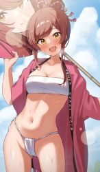 Rule 34 | 1girl, absurdres, alternate hairstyle, bangs, blush, breasts, character print, cloud, cloudy sky, collarbone, commentary, cowboy shot, day, dot nose, english text, fundoshi, gluteal fold, groin, hand fan, happi, heavy breathing, highres, holding, idolmaster, idolmaster shiny colors, japanese clothes, looking at viewer, navel, osaki amana, osaki tenka, open mouth, outdoors, paper fan, shiny, shiny hair, sky, smile, solo, sparkle, sweat, swept bangs, thighs, uchiwa, underboob, wanimaru, yellow eyes