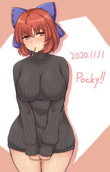 Rule 34 | 1girl, absurdres, alternate costume, black sweater, blue bow, blush, bow, breasts, commentary request, dated, dress, food, food in mouth, hair bow, highres, large breasts, looking at viewer, mani padme, pocky, pocky in mouth, red eyes, red hair, ribbed sweater, sekibanki, short hair, solo, sweater, sweater dress, touhou, turtleneck, turtleneck sweater
