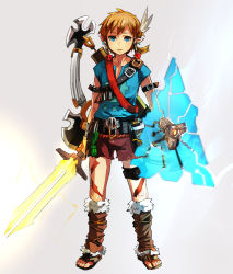 Rule 34 | 1boy, blonde hair, boots, earrings, full body, geetgeet, jewelry, link, looking at viewer, male focus, nintendo, pointy ears, ponytail, shield, shorts, solo, sword, the legend of zelda, the legend of zelda: breath of the wild, weapon
