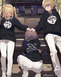 Rule 34 | 1boy, 2girls, absurdres, black hoodie, blonde hair, blue eyes, brown hair, car, closed eyes, closed mouth, clothes writing, collarbone, commentary, english commentary, english text, feet out of frame, hair between eyes, hand on another&#039;s head, highres, hood, hoodie, hoshino aquamarine, hoshino ruby, long hair, long sleeves, matching outfits, meiyoshima, meme, mismatched pupils, motor vehicle, multiple girls, one eye closed, one side up, oshi no ko, pants, parted bangs, puffy sleeves, saitou miyako, short hair, siblings, sidelocks, smile, squatting, standing, star-shaped pupils, star (symbol), symbol-shaped pupils, twins, white footwear, white pants