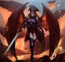 Rule 34 | 1girl, armor, belt, breastplate, clawed gauntlets, closed mouth, commission, dragon girl, dragon horns, dragon wings, embers, eyepatch, fantasy, floating, floating rock, gauntlets, greaves, highres, holding, holding sword, holding weapon, horns, looking at viewer, lava, original, pauldrons, purple armor, rock, shoulder armor, solo, sword, tail, thighhighs, torn, torn clothes, uliel, vambraces, weapon, white thighhighs, wings, yellow eyes