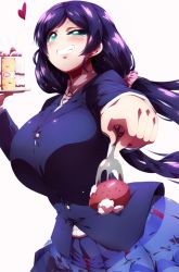 Rule 34 | 10s, 1girl, blazer, breasts, cake, food, foreshortening, fork, fruit, green eyes, grin, heart, huge breasts, jacket, long hair, looking at viewer, love live!, love live! school idol project, low twintails, purple hair, school uniform, scrunchie, simple background, skirt, smile, solo, strawberry, taut clothes, tokyo (great akuta), tojo nozomi, twintails