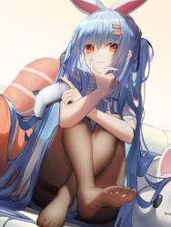 Rule 34 | 1girl, blue hair, carrot, controller, feet, game controller, hair ornament, hairclip, hand on chin, hololive, light blue hair, long hair, looking at viewer, orange eyes, pantyhose, rabbit ears, soles, toes, twintails, usada pekora, very long hair, virtual youtuber