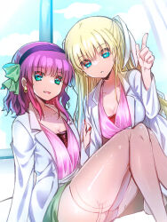 Rule 34 | 2girls, angel beats!, arm support, black hairband, blonde hair, blue eyes, blunt bangs, bra, breasts, chinese commentary, cleavage, coat, collarbone, commentary request, company connection, cosplay, crossover, day, doukyuusei, earrings, eyelashes, eyes visible through hair, feet out of frame, garter straps, green eyes, green ribbon, green skirt, hair between eyes, hair ribbon, hairband, heads together, hoop earrings, index finger raised, indoors, jewelry, key (company), knees together feet apart, knees up, lab coat, large breasts, legs, light particles, little busters!, lliissaawwuu2, long hair, looking at viewer, medium hair, miniskirt, multiple girls, nail polish, nakamura yuri, open clothes, open coat, open mouth, parted lips, partial commentary, pink shirt, red bra, red nails, ribbon, saitou mako, saitou mako (cosplay), shiny clothes, shirt, sidelocks, sitting, skirt, smile, thighhighs, thighs, tokido saya, two side up, underwear, very long hair, white coat, white ribbon, white thighhighs, window, zettai ryouiki