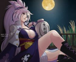 Rule 34 | 1girl, alternate color, amputee, baiken, big hair, black jacket, black kimono, breasts, eyepatch, facial tattoo, full moon, guilty gear, guilty gear strive, highres, jacket, jacket on shoulders, japanese clothes, kataginu, kimono, large breasts, looking at viewer, moon, multicolored clothes, multicolored kimono, one-eyed, parted lips, pink eyes, pink hair, ponytail, samurai, scar, scar across eye, sptn 00, tattoo, white kimono