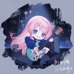 Rule 34 | 1girl, artist name, bang dream!, bang dream! it&#039;s mygo!!!!!, beichuanjing, blue shirt, chibi, chihaya anon, clenched teeth, commentary, gift art, grey eyes, guitar, hashtag-only commentary, highres, holding, holding guitar, holding instrument, instrument, long hair, pink hair, playing guitar, shirt, smile, solo, stage lights, teeth