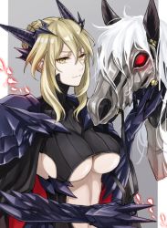 Rule 34 | 1girl, armor, artoria pendragon (fate), artoria pendragon (lancer) (fate), artoria pendragon (lancer alter) (fate), bad id, blonde hair, breasts, cleavage, fate/grand order, fate (series), gauntlets, horns, horse, large breasts, looking at viewer, midriff, navel, orii (orii i), pauldrons, saber (fate), saber alter, short hair, shoulder armor, sideboob, sidelocks, smile, solo, underboob, upper body, yellow eyes