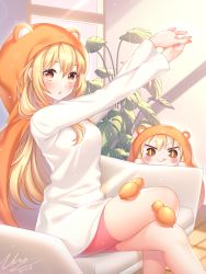 Rule 34 | 1girl, blonde hair, blush, breasts, brown eyes, chibi, commentary request, dated, doma umaru, hair between eyes, hamster costume, highres, himouto! umaru-chan, hood, long hair, looking at viewer, multiple views, open mouth, pink shorts, plant, shorts, sitting, smile, uosaasou, window