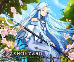 Rule 34 | 1girl, blue butterfly, blue eyes, blue hair, bug, butterfly, character request, company name, copyright name, dated, day, flower, grass, holding, holding staff, insect, long hair, muraicchi (momocchi), outdoors, pointy ears, solo, staff, sword art online, tree, very long hair, watermark, wide sleeves, zenonzard