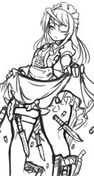 Rule 34 | 1girl, ahoge, apron, arceonn, bullet, clothes lift, corset, eyepatch, greyscale, infinite stratos, knife, laura bodewig, maid headdress, media factory, monochrome, parody, parted lips, sketch, skirt, skirt lift, solo, thigh strap, too many, too many knives, waist apron
