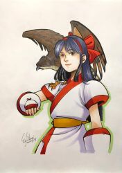 Rule 34 | 1girl, ainu clothes, artist name, black hair, breasts, brown eyes, fingerless gloves, gloves, lipstick, looking at viewer, makeup, mamahaha, nakoruru, samurai spirits, shiroi eiji, small breasts, smile, snk, the king of fighters, traditional media