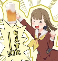 Rule 34 | &gt; &lt;, 1girl, alcohol, arm up, barkhorn0331, beer, beer mug, black bow, blush, bow, braid, brown hair, center-flap bangs, clenched hand, closed eyes, commentary request, cup, emphasis lines, hair bow, highres, holding, holding cup, kachimachi kosuzu, link! like! love live!, long hair, love live!, mug, open mouth, shouting, side braids, solo, straight hair, teeth, translated, upper body, upper teeth only, virtual youtuber, white background