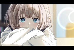 Rule 34 | 1girl, blue eyes, blurry, blurry background, covered mouth, crossed arms, depth of field, expressionless, glint, grey hair, head rest, highres, idolmaster, idolmaster shiny colors, indoors, karon (karon cha), lens flare, letterboxed, light blush, long sleeves, looking away, school uniform, serizawa asahi, short hair, solo