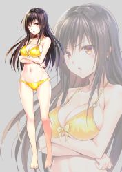 Rule 34 | 1girl, annoyed, bikini, blush, breasts, brown eyes, brown hair, cleavage, commentary request, grey background, kotegawa yui, large breasts, long hair, looking at viewer, navel, official art, solo, standing, swimsuit, to love-ru, tsundere, yabuki kentarou, yellow bikini, zoom layer