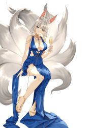 Rule 34 | 1girl, absurdres, alternate costume, animal ear fluff, animal ears, azur lane, bare shoulders, blue dress, blue eyes, blunt bangs, breasts, champagne flute, closed mouth, collarbone, cup, dress, drinking glass, eyeliner, feet, foreshortening, fox ears, fox tail, gold footwear, half-closed eyes, hand up, high heels, highres, holding, holding cup, invisible chair, jewelry, kaga (azur lane), kaga (exalted white wings) (azur lane), kitsune, kyuubi, large breasts, looking at viewer, makeup, multiple tails, no bra, no panties, pelvic curtain, short hair, simple background, sitting, sleeveless, sleeveless dress, smile, solo, tail, teltelhousi, thighs, toeless footwear, white background, white hair