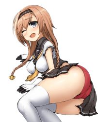 Rule 34 | 10s, 1girl, ;o, ass, black gloves, blue eyes, blush, braid, breasts, clothes writing, don (29219), gloves, hachimaki, hair between eyes, hair ornament, hairband, headband, kantai collection, light brown hair, long hair, looking at viewer, miniskirt, multicolored gloves, neckerchief, one eye closed, open mouth, panties, propeller, red panties, school uniform, serafuku, simple background, skirt, solo, teruzuki (kancolle), torn clothes, twin braids, underwear, white background, white gloves, white legwear