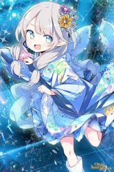 Rule 34 | 1girl, blue eyes, blue kimono, blue theme, boots, clothing request, grey hair, japanese clothes, kimono, kiya machi, looking at viewer, low twintails, mercury elf (otogi:spirit agents), microphone, official art, otogi:spirit agents, pointy ears, running, second-party source, solo, twintails