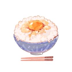 Rule 34 | amakawa tamawo, bowl, chopsticks, egg yolk, food, food focus, no humans, original, rice, rice bowl, simple background, still life, tamagokake gohan, white background