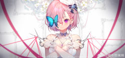 Rule 34 | 1girl, absurdres, arms up, bare shoulders, blue bow, blue butterfly, blush, bow, breasts, bridal gauntlets, bug, butterfly, character name, closed mouth, dress, ear piercing, earrings, facial mark, fate/grand order, fate (series), flower, hair behind ear, hair over one eye, hat, highres, holding, holding scissors, insect, jewelry, looking at viewer, mash kyrielight, medium breasts, moriyama meiko, piercing, pink hair, purple eyes, scissors, short hair, sleeveless, sleeveless dress, solo, string, upper body, weibo watermark, white dress, white flower, white hat