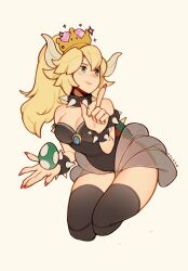 Rule 34 | 1girl, armlet, black leotard, black thighhighs, blonde hair, blue eyes, bowsette, bracelet, breasts, cleavage, collar, cowboy shot, cropped legs, egg, highres, horns, jewelry, large breasts, leotard, long hair, mario (series), medium breasts, new super mario bros. u deluxe, nintendo, oxcoxa, pink nails, pointing, ponytail, simple background, solo, spiked armlet, spiked bracelet, spiked collar, spikes, super crown, thighhighs
