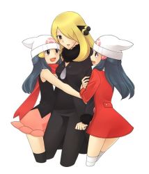 Rule 34 | 00s, 3girls, age difference, alternate costume, arm hug, beanie, blonde hair, blue hair, breasts, brown eyes, child, creatures (company), cynthia (pokemon), dawn (pokemon), dual persona, flat chest, game freak, girl sandwich, hat, hug, long hair, medium breasts, multiple girls, nintendo, onee-loli, pokemon, pokemon dppt, red scarf, sandwiched, scarf, skirt, thighhighs, time paradox, winter clothes, yuri
