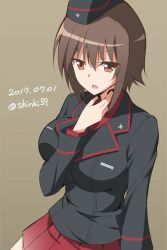 Rule 34 | 10s, 1girl, breasts, brown eyes, brown hair, dated, girls und panzer, hat, impossible clothes, kuromorimine military uniform, large breasts, long sleeves, military, military uniform, nishizumi maho, open mouth, peaked cap, pleated skirt, red skirt, shinki (shinki59), short hair, skirt, solo, throat microphone, uniform