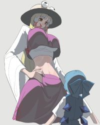 Rule 34 | aged up, alternate breast size, blonde hair, blue dress, blue hair, bow, breasts, cirno, cropped legs, cropped shirt, dress, frogsnake, from behind, hair bow, hair tubes, hand on own hip, hat, height difference, horizontal pupils, ice, ice wings, large breasts, long hair, long tongue, looking at another, looking up, midriff, moriya suwako, navel, purple shirt, purple skirt, shaded face, shirt, short sleeves, sidelocks, simple background, skirt, standing, tall female, tongue, tongue out, touhou, undershirt, wide sleeves, wings