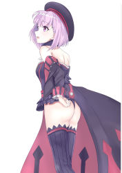 Rule 34 | 1girl, absurdres, adjusting clothes, artist request, ass, back, backless outfit, bare shoulders, blush, breasts, detached sleeves, dress, fate/grand order, fate (series), hat, helena blavatsky (fate), highres, open mouth, purple eyes, purple hair, shiny skin, short dress, short hair, sideboob, small breasts, solo, thighhighs