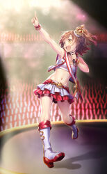 Rule 34 | 1girl, arm up, bangle, belt, boots, bracelet, breasts, brown hair, choker, concert, cropped jacket, crown, frilled skirt, frills, full body, glowstick, hair ornament, hairclip, highres, holding, holding microphone, idol, idol clothes, idolmaster, idolmaster million live!, index finger raised, jewelry, kasuga mirai, layered skirt, medium breasts, medium hair, microphone, midriff, million dreams (idolmaster), mini crown, miniskirt, nanaran, navel, open mouth, side ponytail, skirt, sleeveless, sleeveless jacket, solo, stage, stage lights, star-shaped buckle, strapless, sweat, tube top, yellow eyes