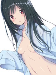 Rule 34 | 1girl, black hair, blue shirt, blush, breasts, collarbone, collared shirt, commentary request, dress shirt, dutch angle, kimagure blue, long hair, long sleeves, looking at viewer, medium breasts, open clothes, open shirt, original, parted lips, red eyes, shirt, simple background, sleeves past fingers, sleeves past wrists, solo, white background
