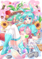 Rule 34 | 1girl, :o, animal, apple, aqua hair, blue eyes, blue flower, blue footwear, blue shirt, blue skirt, blush, book, boots, brown gloves, bubble, bug, butterfly, cauldron, commentary, commission, english commentary, facial mark, fingerless gloves, fingernails, flask, flower, food, forehead mark, fruit, gloves, holding, insect, jewelry, knee boots, open book, open mouth, original, parted bangs, pendant, pentagram, pink flower, pointy ears, puffy short sleeves, puffy sleeves, purple flower, red apple, red flower, round-bottom flask, shirt, short sleeves, signature, skirt, solo, star (symbol), strawberry, sunflower, teeth, thighhighs, thighhighs under boots, upper teeth only, vial, villyane, white flower, white thighhighs, yellow flower