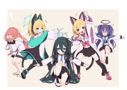 Rule 34 | 5girls, ^^^, absurdly long hair, anger vein, animal ear headphones, animal ears, arashiya, aris (blue archive), arm up, ass, black hair, black skirt, black thighhighs, blonde hair, blue archive, blue bow, blue eyes, blue halo, blue necktie, blush, bow, cat tail, closed mouth, collared shirt, covering face, fake animal ears, formal, full body, game development department (blue archive), ginyu force pose, green eyes, green halo, hair bow, halo, headphones, jacket, long hair, long sleeves, looking at viewer, mechanical halo, midori (blue archive), momoi (blue archive), multiple girls, necktie, one side up, open clothes, open jacket, open mouth, pink halo, pleated skirt, purple hair, red bow, red eyes, red hair, shaded face, shirt, short hair, siblings, sisters, skirt, smile, suit, tail, thighhighs, twins, two-sided fabric, two-sided jacket, two side up, very long hair, white jacket, white shirt, wide sleeves, yellow halo, yuuka (blue archive), yuzu (blue archive)
